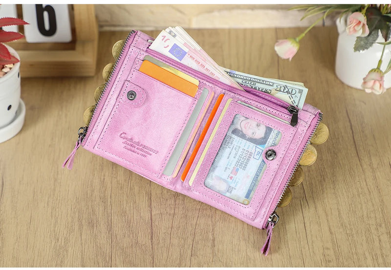 CONTACT'S Fashion Genuine Leather Women Wallet Bifold Card Holder Coin Purse Small Women's Purse Money Clip Men Pocket Wallets