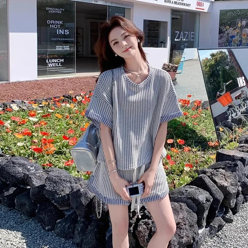 Women Korean Lazy Style Two Piece Outfit Summer Small Check Short Sleeve T Shirt Drawstring Shorts Loose Casual Tracksuit