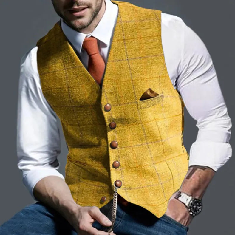 2026 Men's Formal Vests Lapel Tweed Plaid V-neck Waistcoat Slim Vest Business Formal Dress Suit Casual Wedding Tuxedo Male Vest