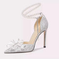 Poplular Zapatos De Mujer Bowtie Beading Embellished Sweet Women Weeding Shoes Pointed High Heels Glitter Slip-On Women Pumps