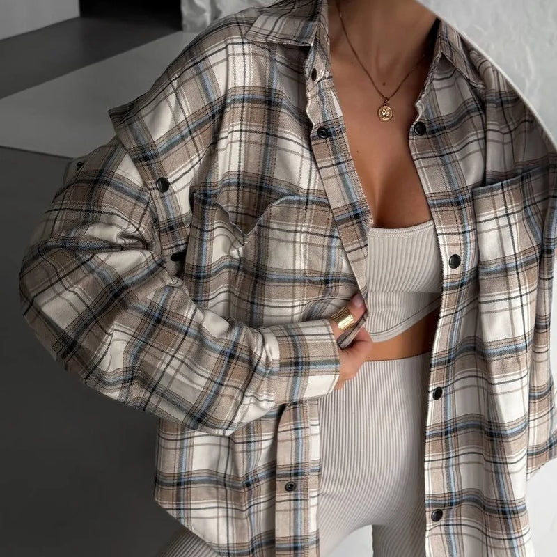 Women's Spring Blouse Jacket Shirt Checkered Short-sleeved Pocket Retro Luxurious Chic Trendy Minimalist Fashionable Comfortable