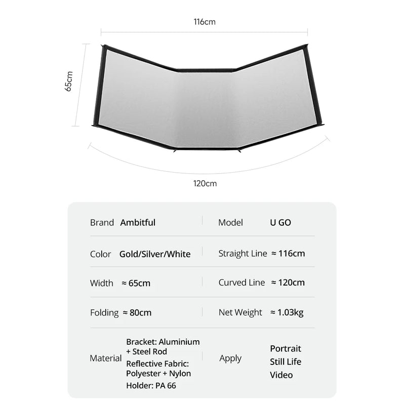 AMBITFUL UGO 65*120cm 3in1 Quick-release U-shape Reflector Kit With 280cm KS-280 Air Cushion Light Stand Studio Ourdoor Kit