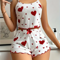 5 Size Choose S M L XL 2XL Women's Pajamas Set Straps Sleepwear Vest + Shorts Red Heart Print Nightwear Sexy Lingerie