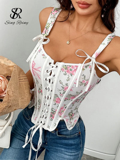 SINGREINY Strap Holiday Floral Corset Top Arrival Lace Up | SAMAG