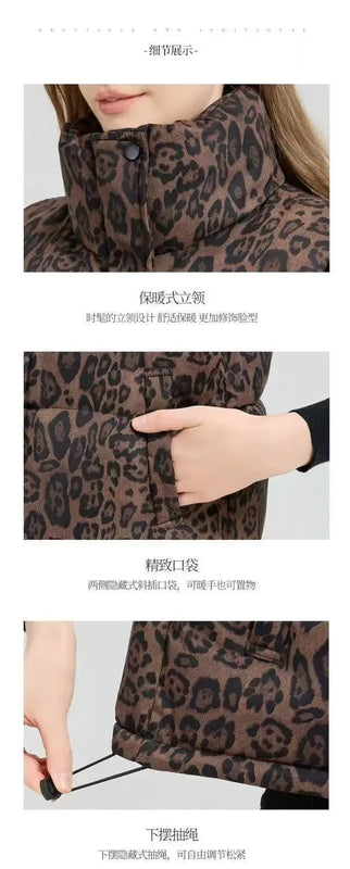Leopard Women's Autumn Winter Sleeveless Parkas Jacket 2025 Woman Mandarin Collar Cotton Padded Vest Korean Style Waistcoat