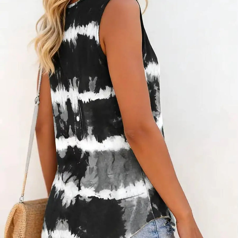 Women's Black White Tie Dye Tank Top V Neck Button Sleeveless Loose Tank Top Boho Spring Summer Day Casual Streetwear Top