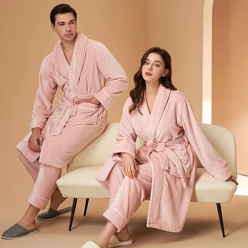 Flannel Couple Robe And Pant Set Warm Autumn Winter Thick Coral Fleece Pajamas Women's Bathrobe Men's Sleepwear Loose Home Cloth