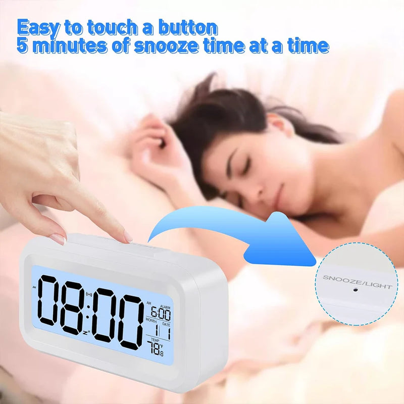 Digital Alarm Clock with Indoor Temperature Light Sensor Battery Operated Backlight 12/24H Display for Bedrooms Office Desk