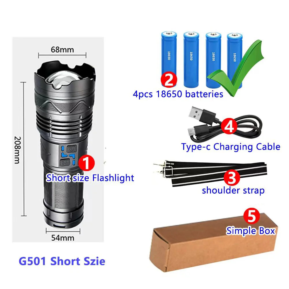 Powerful LED Flashlight Super Bright Spotlight Long Range Zoomable Lantern Emergency Torch Outdoor Tactical Lamp Power Display