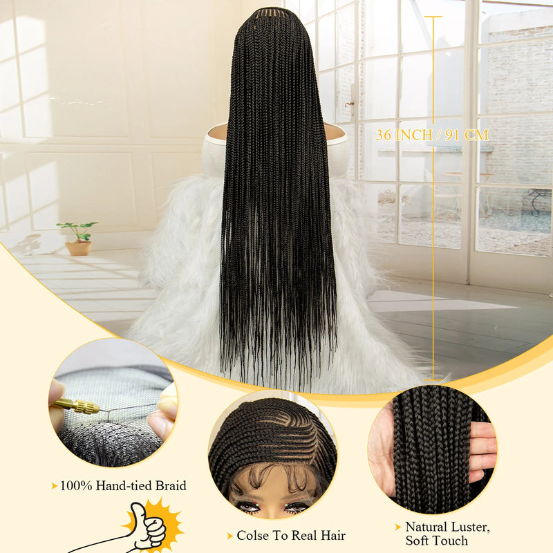 Synthetic Full Lace Cornrow Braided Wigs 36 Inches Lace Frontal Square Knotless Box African Braiding Wig for Black Women