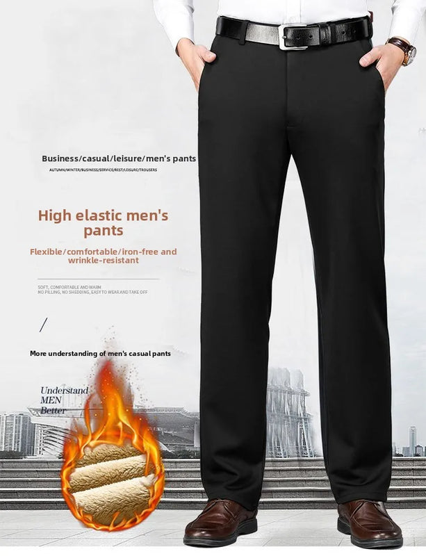 Winter Fleece Warm Business Formal Pants Men Classic Work Office Grey Elastic Waist Suit Thicked Thermal Trousers Plus