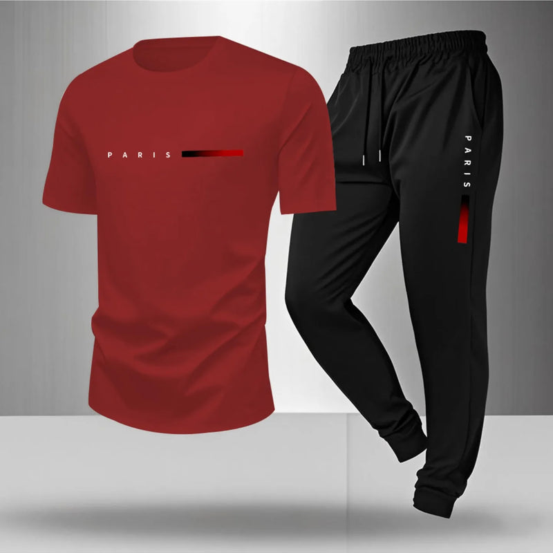 Spring/Summer Paris Letter Printed Round Neck Casual Comfortable Breathable T-shirt with Drawstring Outdoor Sports Pants Set