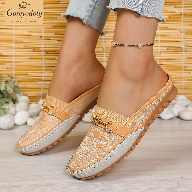 Goreyodoly women mule flats rhinestone cutout shoes chain detail elastic slip on wide fit lightweight soft sole comfort shoes