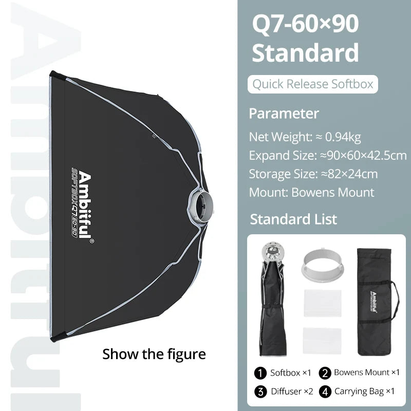AMBITFUL 30x120cm 55cm 65cm 90cm One Touch Open Octagon/Rectangle Softbox Bowens Mount for Outdoor Studio Photography Side Wing