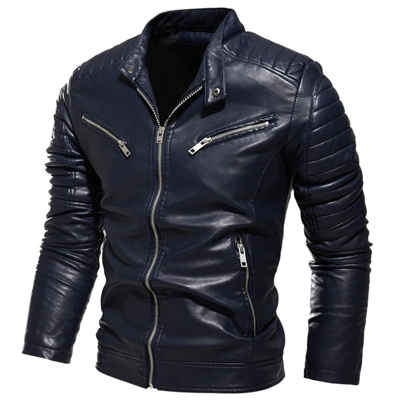 2025 Winter Black Leather Jacket Men Fur Lined Warm Motorcycle Jacket Slim Street Fashion BLack Biker Coat Pleated Design Zipper