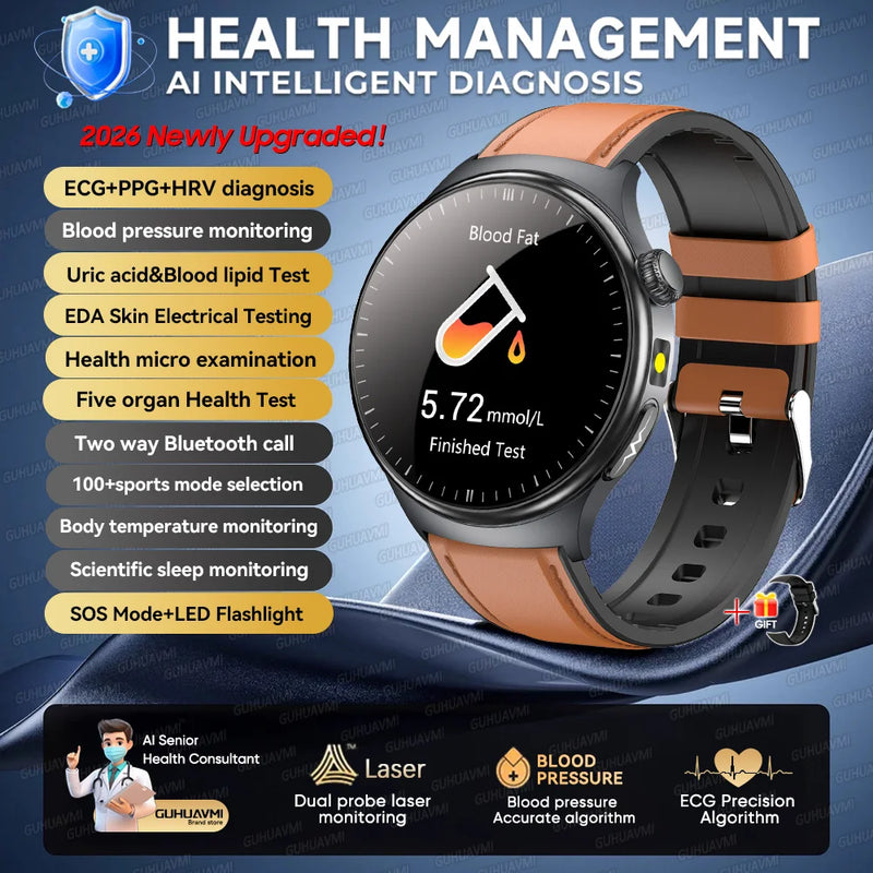 2026New AI-Diagnosis Care Smartwatch ECG+PPG Accurate Uric Acid Blood Pressure Body Fat Five organ Fitness Waterproof Smartwatch