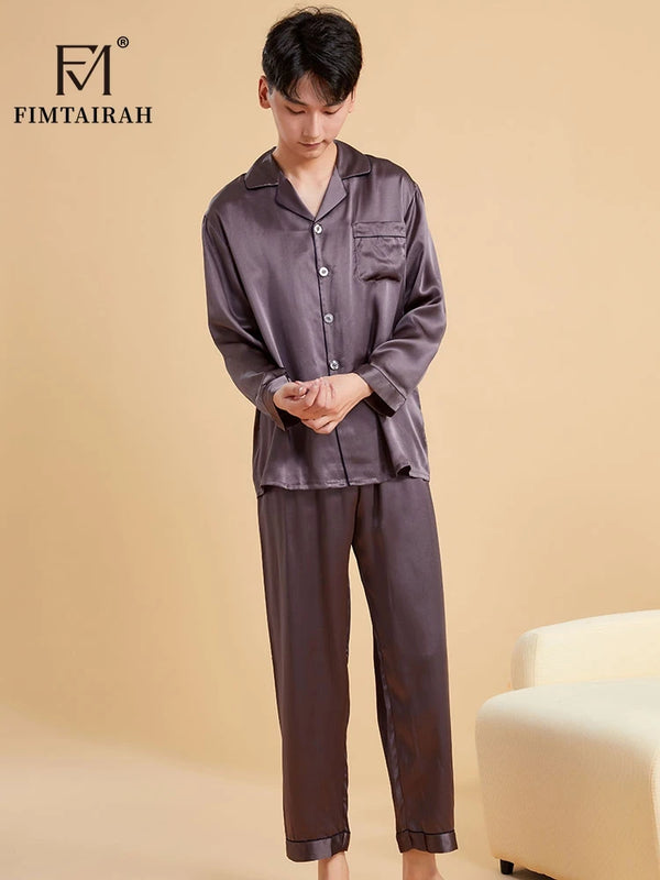 Fimtairah Real 19MM 100% Mulberry Silk Pajamas Men's Autumn  Hangzhou Solid Color heavy Silk Home Wear Men's
