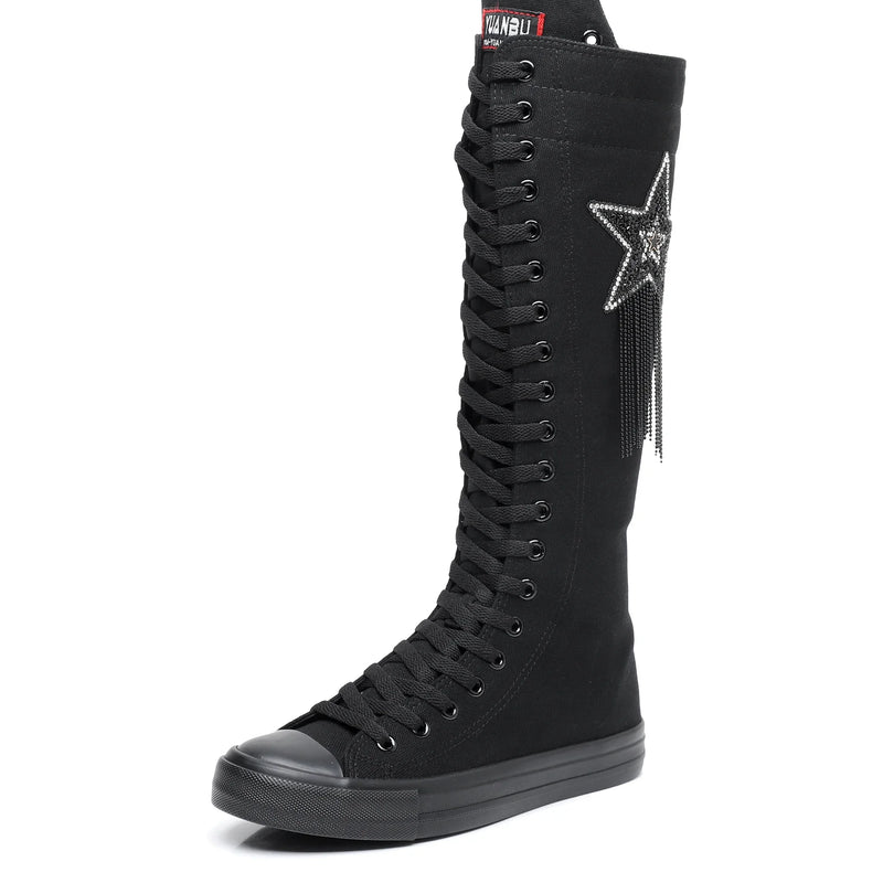 Boots Women Sneakers Canvas Casual High Top Shoes Long Boot Lace-Up Zipper Comfortable Flat Boot Sneakers Tenis Feminino