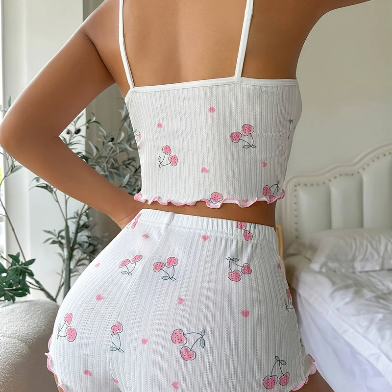 Women's Heart Print Sexy Ribbed Bow Decor Pajama Set, Round Neck Backless Comfortable Crop Cami Top & Shorts, Summer Nightwear