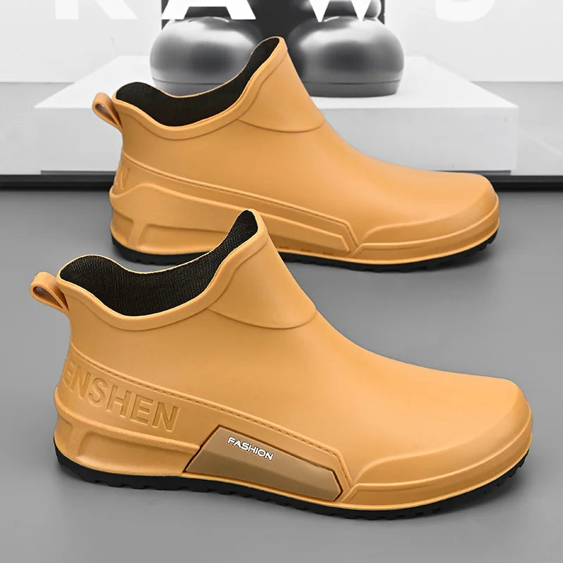 Men's Winter Fleece Lined Short Rain Boots Waterproof Non Slip Work Kitchen Safety Black Rubber Boots Thickened Shoe Bottom