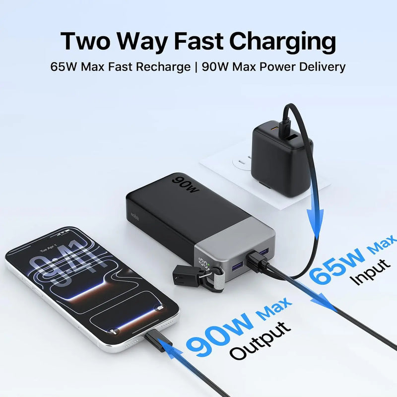 Portable Charger 20000mAh 90W Power Bank w/Detachable Cable | 2C+2A USB-C Fast Charging Battery Pack with LED Display