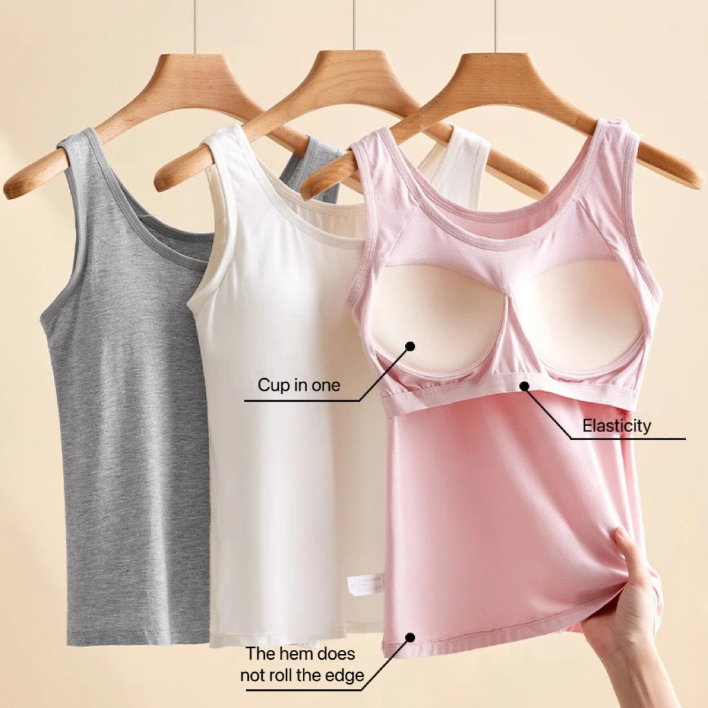 1pcs Women's Vest Tops Round Neck Vests Solid Color Padded Slim Fit Tank Tops Sexy Feminino Casual Tank Tops With Built In Bras