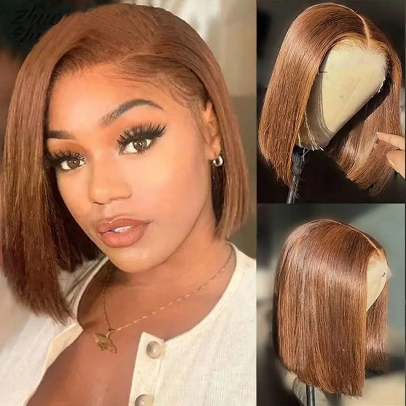 8-14 Short Inch Chocolate Brown Straight Bob Human Hair Wigs #4 Colored 200 Density 13x4 HD Straight Full Lace Front Wigs