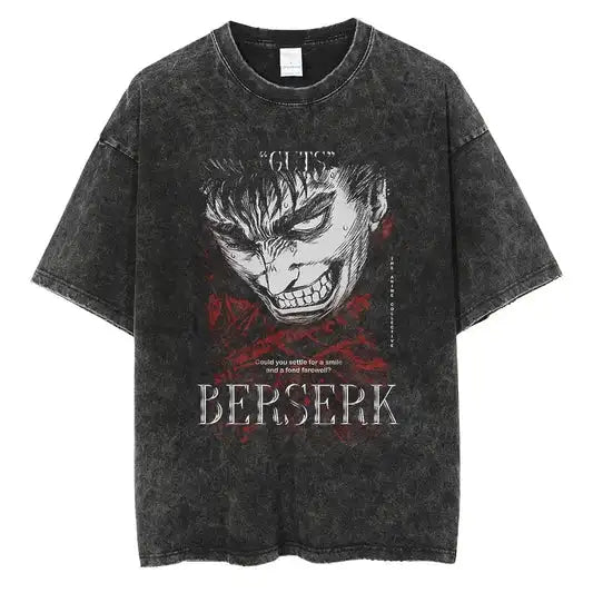 Japanese Anime Berserk Retro Washed T-shirt Men and Women New Summer Harajuku Clothing Casual Round Neck Short Sleeved Top