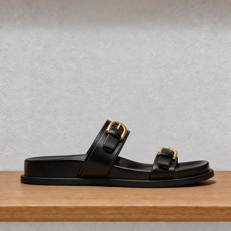 Women's Flat Slide Sandals Double Strap Buckle Premium Soft PU Leather Open Toe Casual Summer Beach Slippers 2026