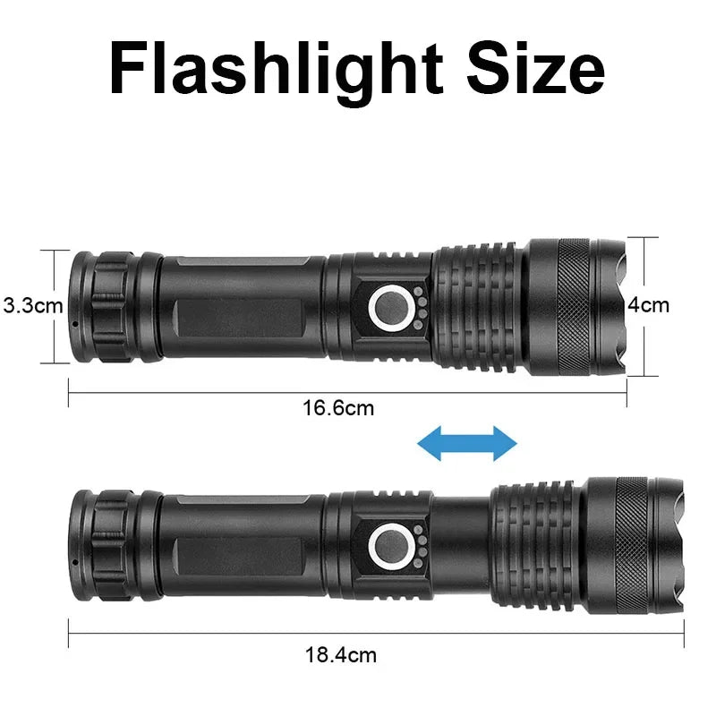 High Power Strong Light Long Range LED Flashlight USB Rechargeable Defense Flashlight Outdoor Telescopic Zoom Super Bright Torch