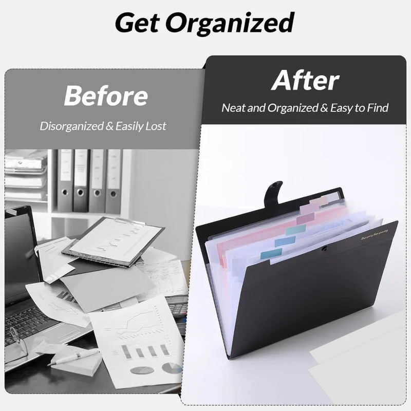 Portable Expanding File Folder Organizer with 8 Pockets for Letter A4 Documents School Office Hospital Supplies Bag Essentials Black