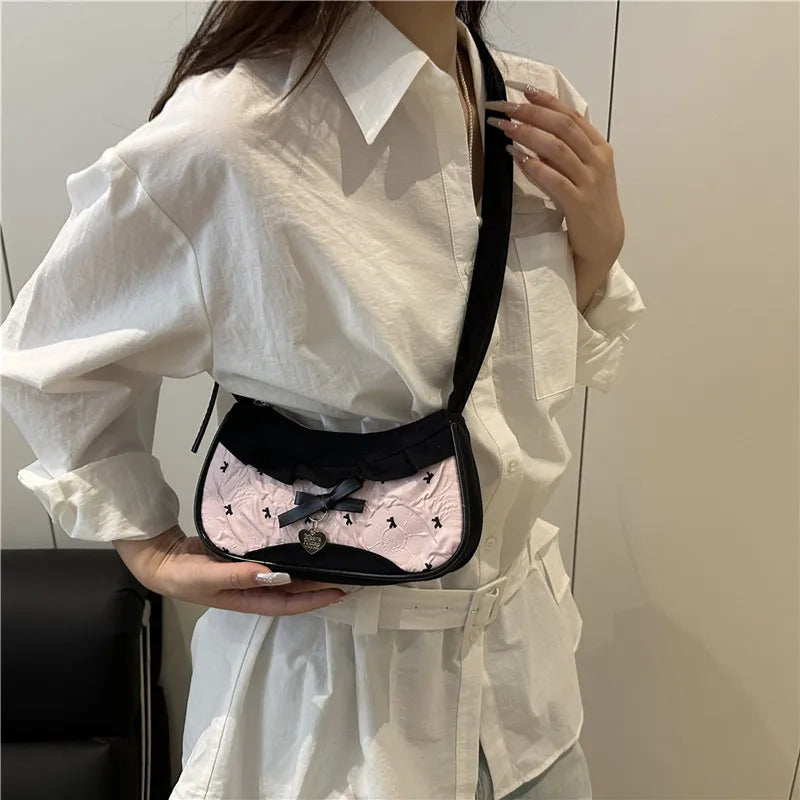 Sweet Lace Bow Prints Ladies Shoulder Bags Women's Contrast Color Lightweight Underarm Bags Pleated Design Female Hobos Handbags