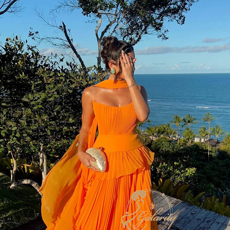 Galarity Luxury Orange Evening Dresses Strapless Pleated | SAMAG