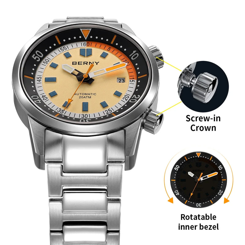 BERNY Automatic Diving Watches for Men 20ATM Super Luminous Mechanical Men's Diver Watch Sapphire Full Stainless Steel Dive