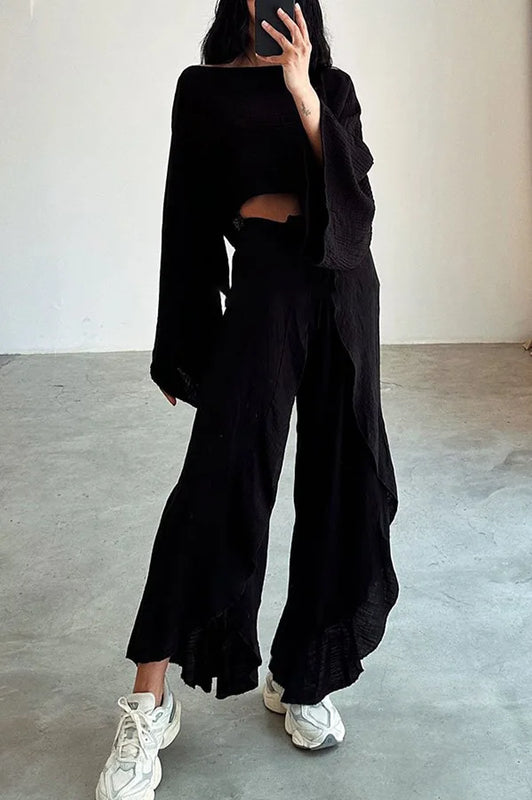Fashion Flare Sleeve Hollow 2pcs Women Casual Solid Cotton Linen Suit Y2k Summer O Neck Crop Top+Lace-up Ruffle Pants Outfit