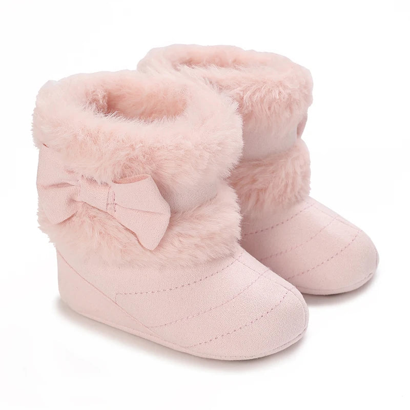Winter Rubber Sole Baby Girls Boots Cute Bow Warm Plush Pom Snow Shoes Warm Baby Walking Shoes for Toddler Infant First Walkers