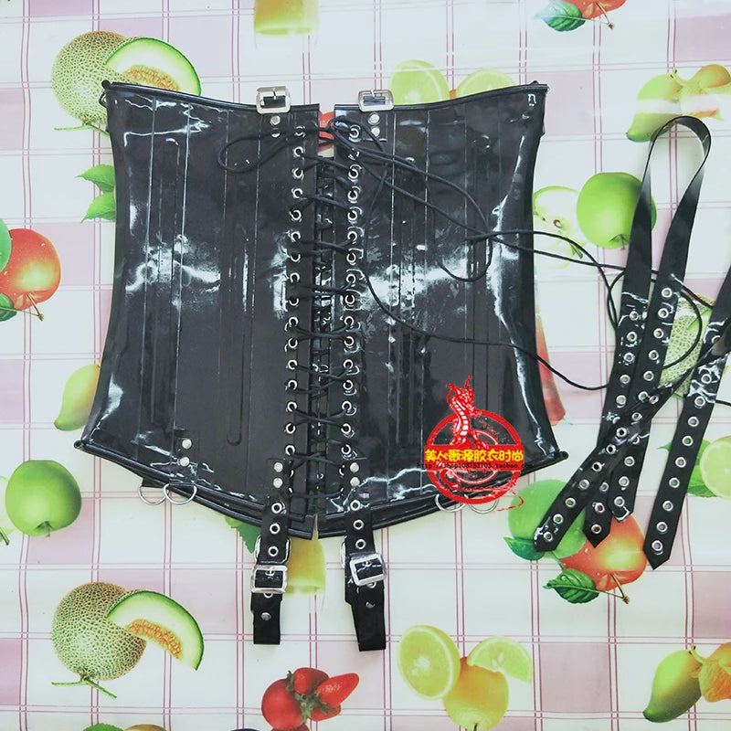 0.8mm Thicker Black Latex Corset Waist Trainer Steel Bone Cross Belt Strap Edge