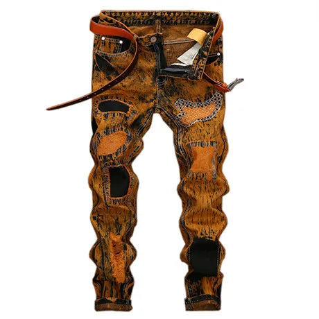 Fashionable New Men's Motorcycle Jeans Pleated Holes | SAMAG