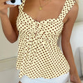 Women's New Marigold Yellow & Brown Polka Dot Cami Top, Ruffle Bow Tie Tank Top with Wide Straps, Suitable for Dating, Vacation,