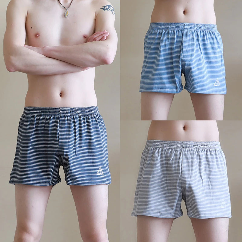 3PCS 100% Cotton Striped Pajama Pants Men's Summer Panties Breathable Big U-crotch Boxers Plus Size Loose High Elastic Underwear
