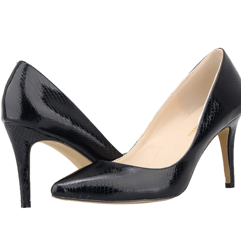 Women Shoes Fashion 8cm Sexy Crocodile Pattern Pointed Toe High Heels Pumps Office Med Heels Gold Silver Wedding Shoes Plus Size