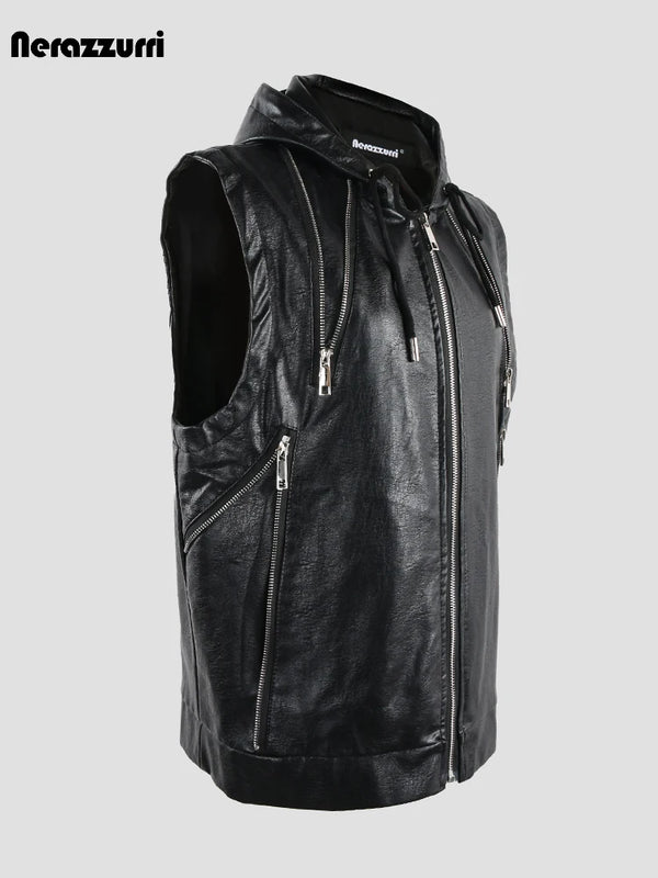 Nerazzurri Summer Autumn Short Black Blue Pu Leather Vest Men with Hood Zipper Luxury Designer Sleeveless Jacket Unisex Clothes