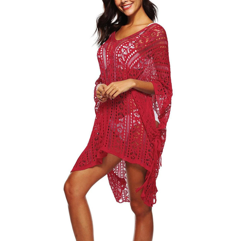 Women Beach Cover Up Crochet Sexy Deep V-Neck Side Slit Short Sleeve Hollow Out Knitted Fashion Cover-Ups Knitting Smock