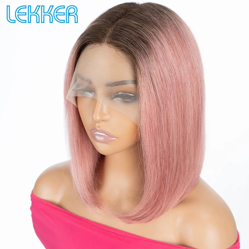Lekker 100% Human Hair Wig Highlight Brown Long Pixie Straight Bob Middle Part Lace Front For Women Brazilian Remy Hair Glueless