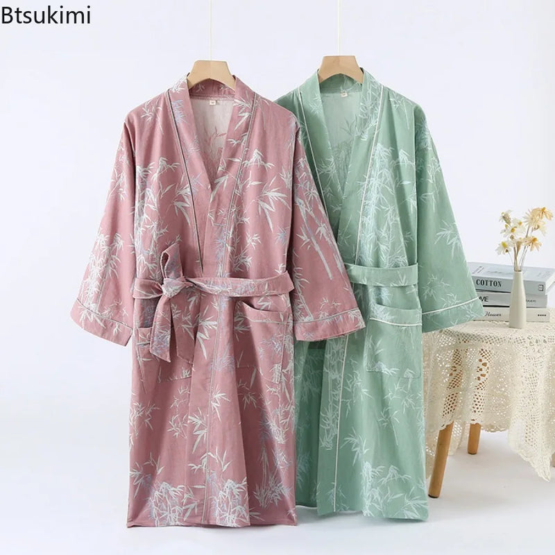 2026Couple's Printed Cotton Loose Fitting Bathrobe Japanese Style Tie Up Kimono Bathrobe Sweat Steaming Cotton Pajamas Robes Men