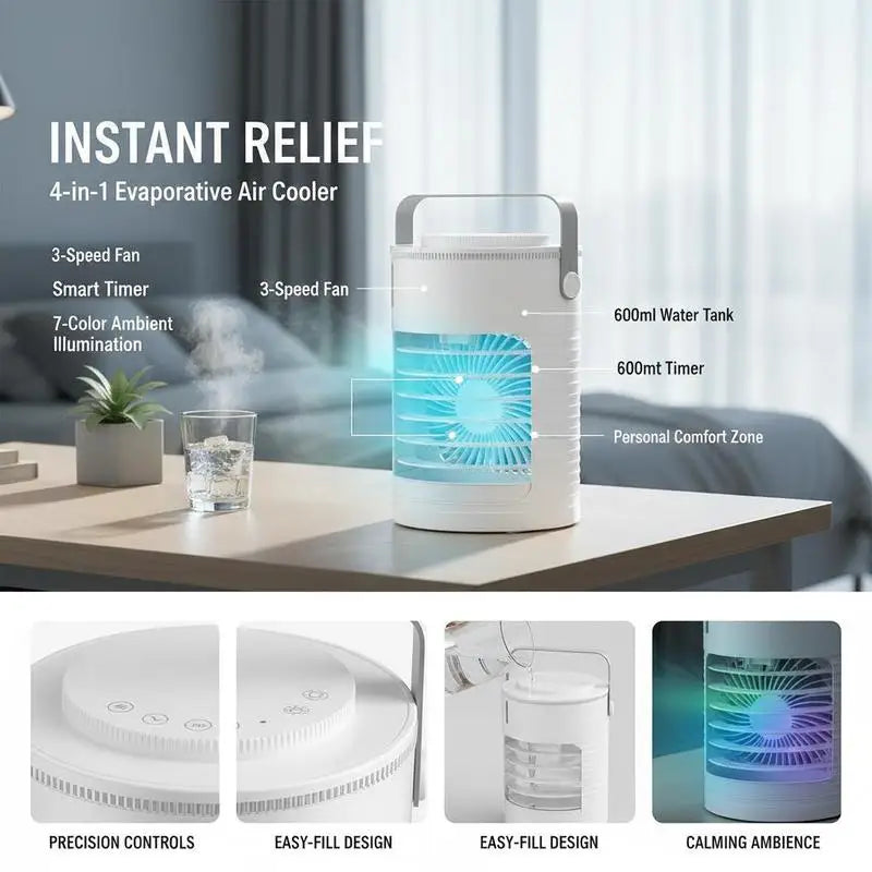 Free Shipping-Portable Air Conditioner, 4-in-1 Evaporative Air Cooler, 3-Speed Mini Air Conditioner with Smart Timer, 600ml Wate