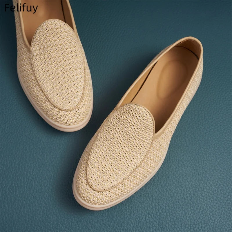 Handwoven Flax Straw Caual Shoes Men's Summer Breathable Linen Chinese Style Casual Wheat Color Genuine Leather Loafers Slip-On