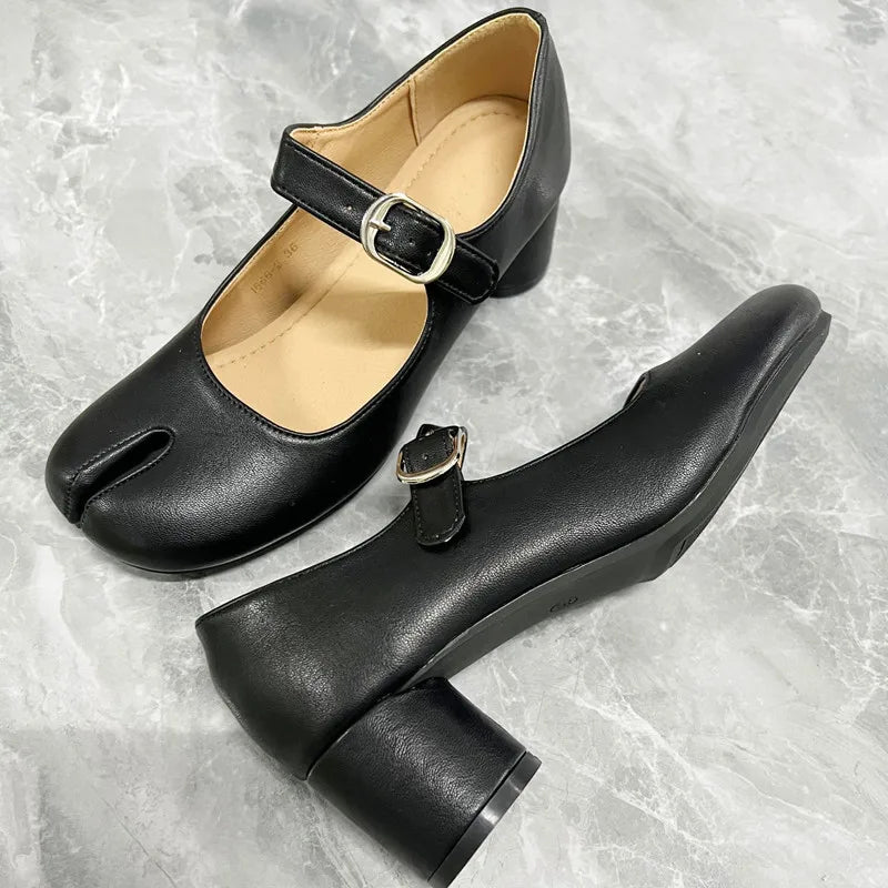 Ballet Style Fashion Split toe Mary Janes Women Pumps Comfortable Soft Leather Thick High heels Spring Summer Tabi Chunky Shoes