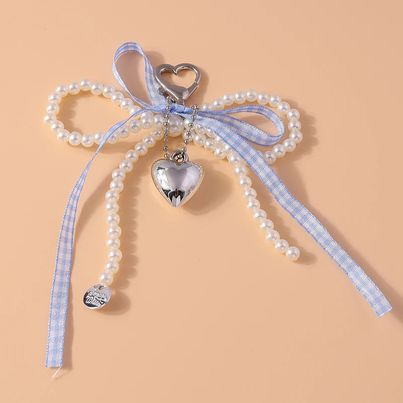 Pretty Handmade Pearl Bowknot Keychain for Women Girl Love Heart Key Ring Pendant Handbag Accessories DIY Jewelry Gift