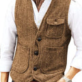 Men Vest Brown Herringbone Wool Tweed V Neck Single Breasted Retro Tooling Vest Male Gentleman Business Waistcoat For Wedding